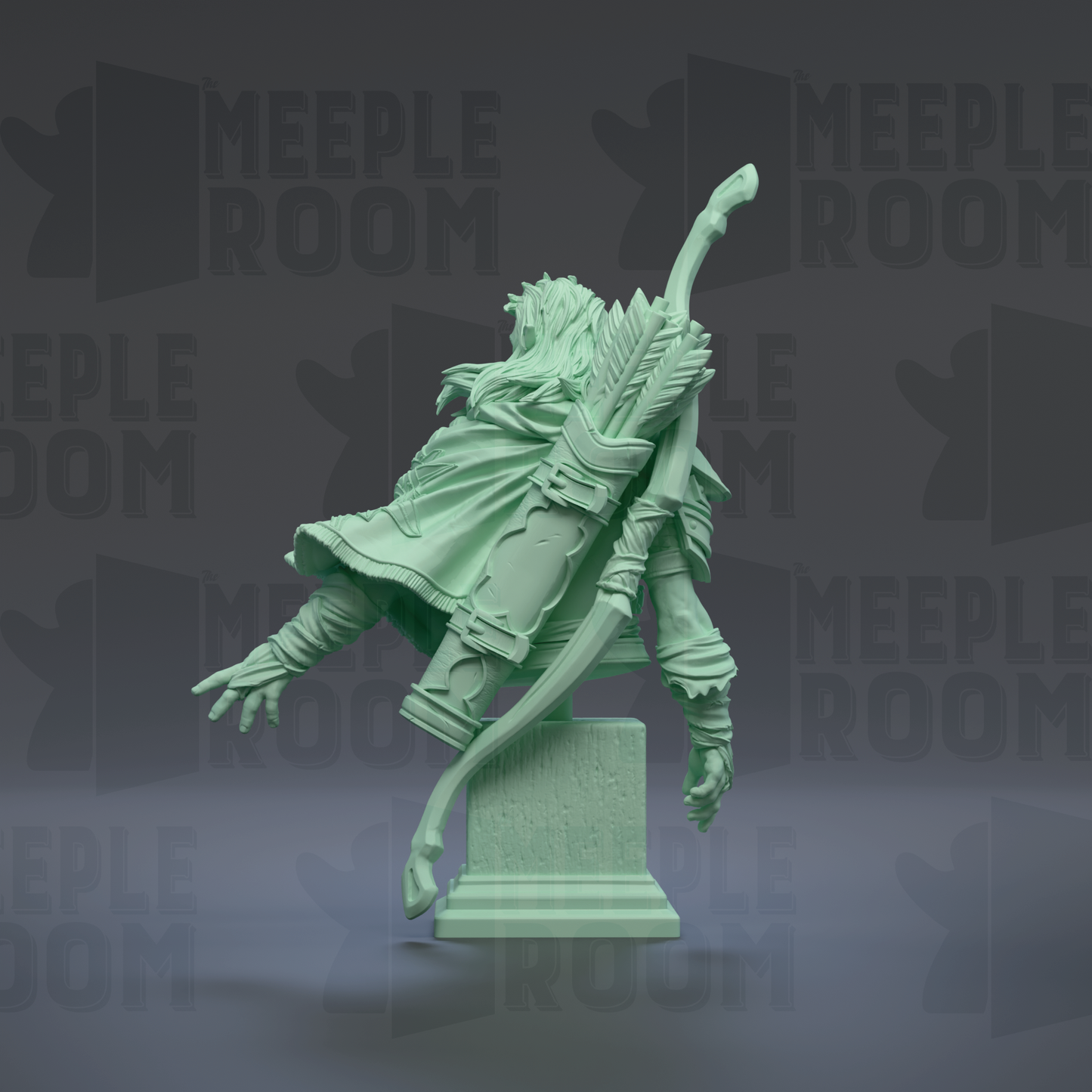 A green statue of a figure with a bow and arrow, standing on a pedestal against a dark background with repeated text.