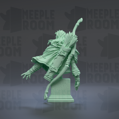 A green statue of a figure with a bow and arrow, standing on a pedestal against a dark background with repeated text.