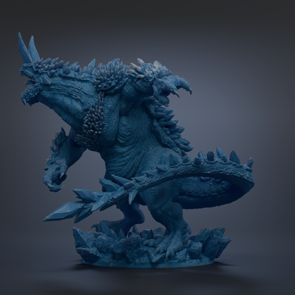 A detailed 3D model of a blue, fantastical creature with sharp teeth and claws, standing on a rocky base.