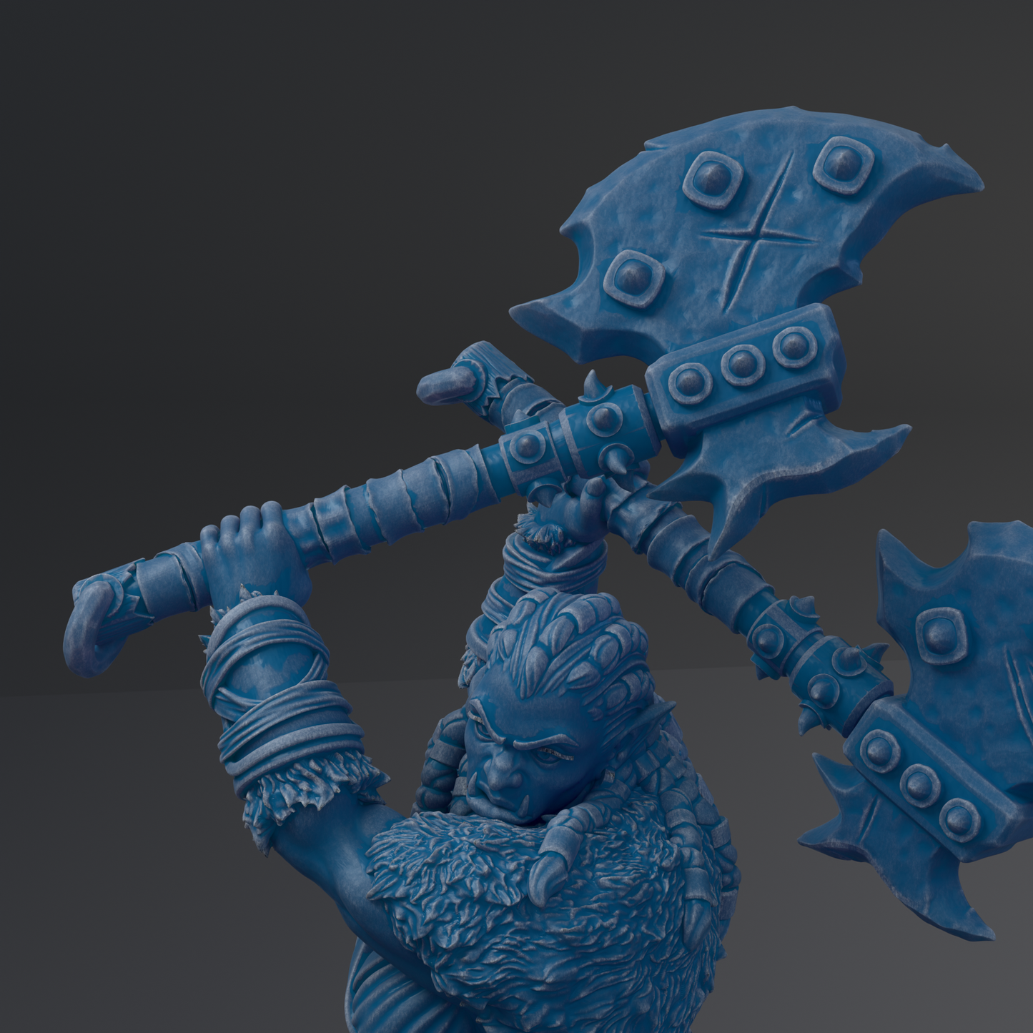 A close-up of a blue, 3D-rendered warrior figure holding a large, ornate weapon.