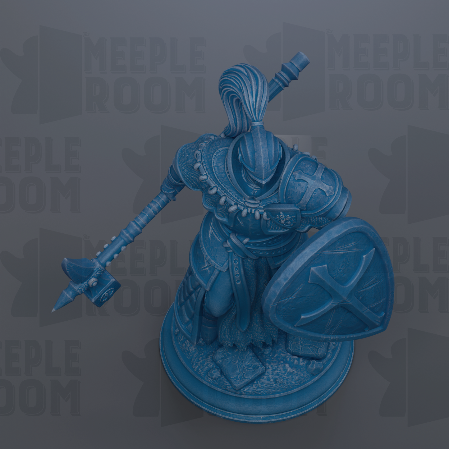A blue statue of a knight holding a shield and sword, standing on a base.