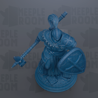 A blue statue of a knight holding a shield and sword, standing on a base.