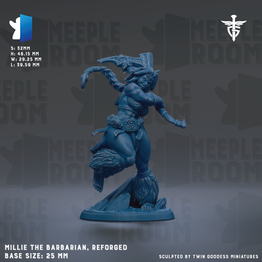 a figurine of a character named "Mille the Barbarian" in a blue color, with a sword in its hand. The figurine is described as "Reforged" and "Reflected" in the image. The base size of the figurine is 25mm.