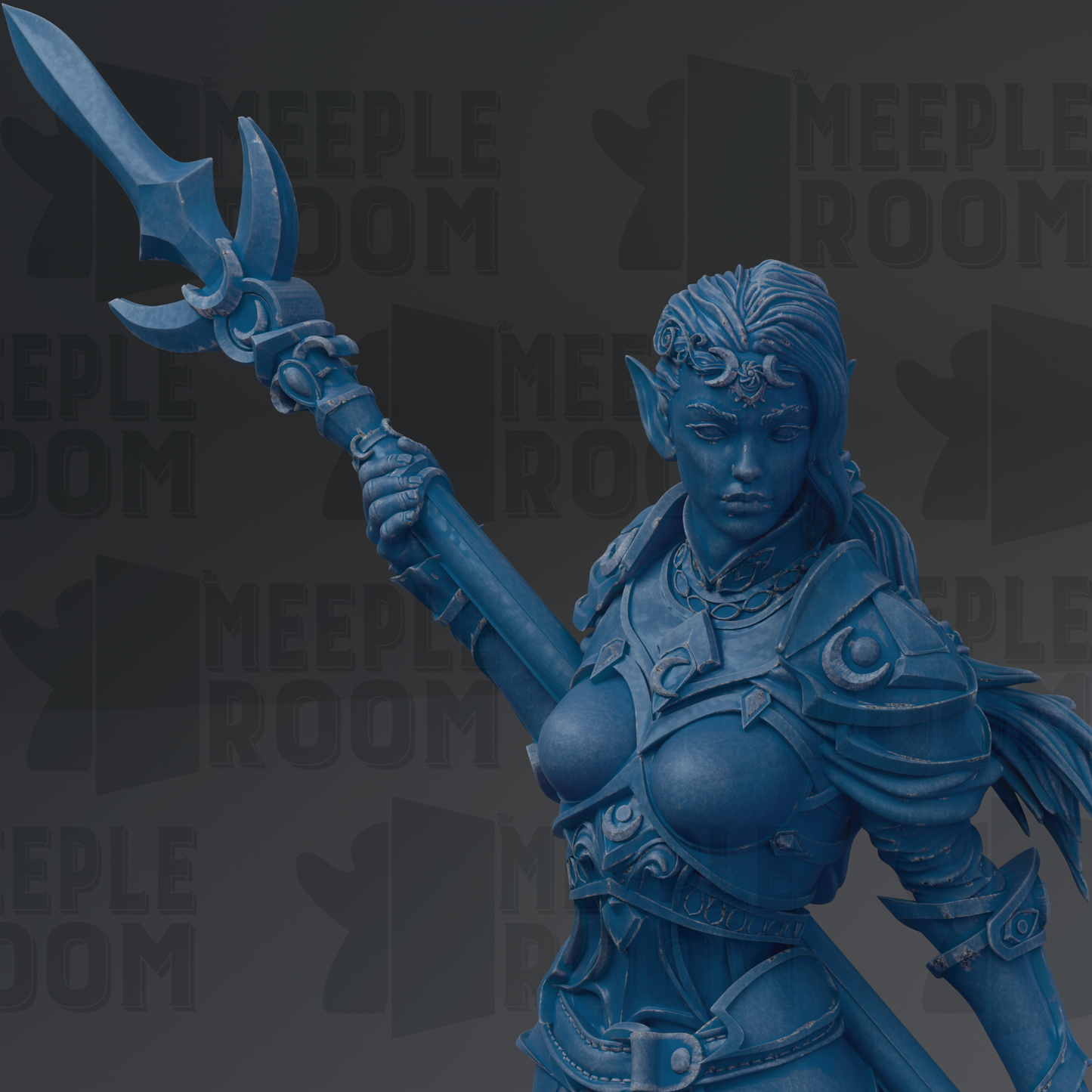 A blue statue of a female warrior wielding a sword and shield, with intricate details and a determined expression.