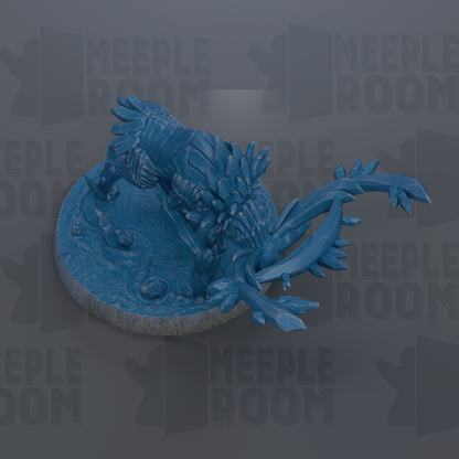 A blue, 3D-rendered figurine of a fantastical creature with intricate details and a textured surface, set against a dark background with repeated text.