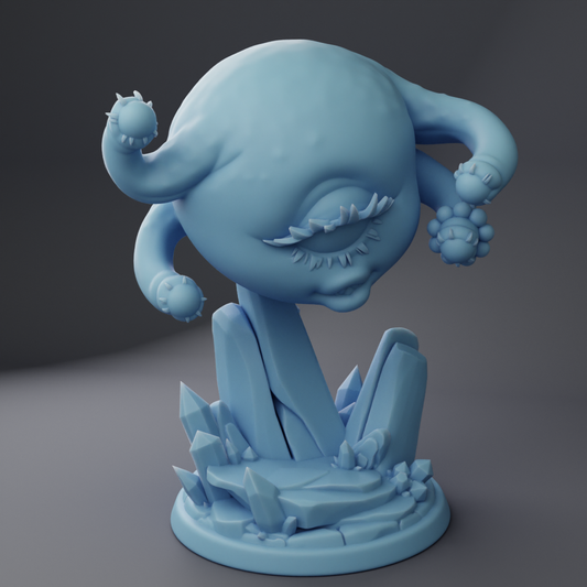 A 3D rendering of a blue, abstract sculpture with a large eye-like shape and sharp claws protruding from it, set against a dark background.