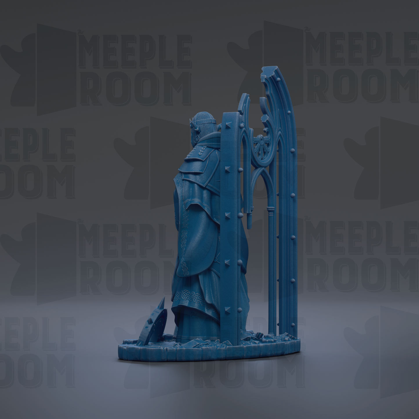 A blue statue of a figure standing in front of a Gothic-style archway, with the text "MEEPLE ROOM" repeated in the background.