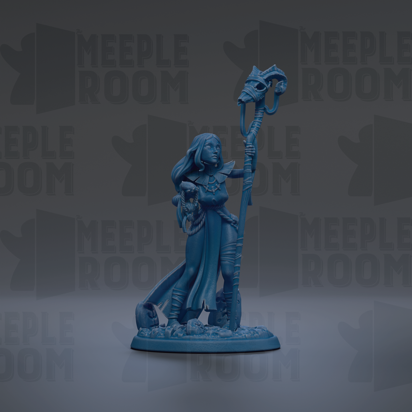 A blue figurine of a woman holding a staff and a mask, standing against a dark background with repeated text.