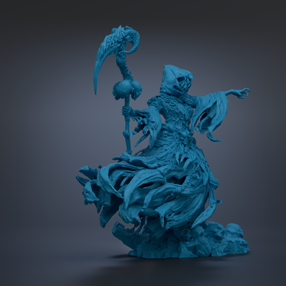 A 3D rendering of a dark, ominous figure with a hooded cloak and a staff, standing on a rock formation.