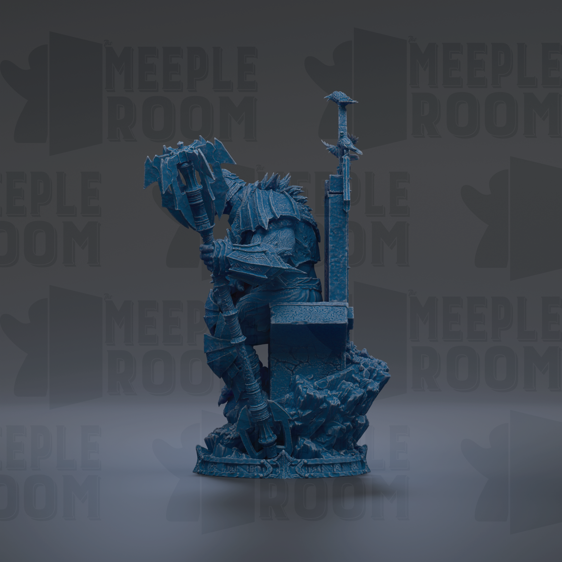 A blue statue of a seated figure holding a weapon, with the text "MEUPLE ROOM" repeated in the background.