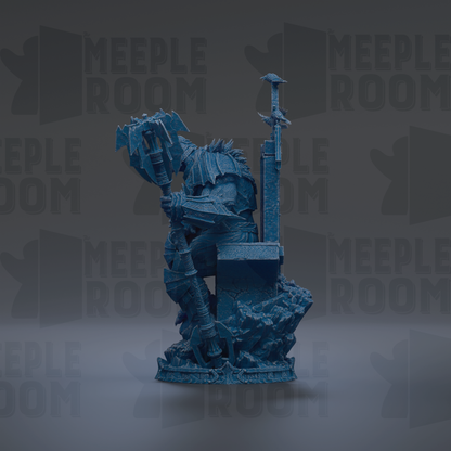 A blue statue of a seated figure holding a weapon, with the text "MEUPLE ROOM" repeated in the background.