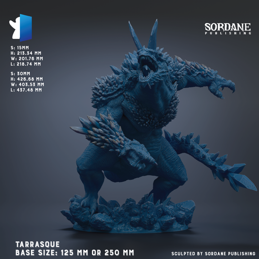 The image is a detailed model of a large, blue, armored creature with spikes and sharp claws, likely a mythical or fantastical creature. The creature is shown in a dynamic pose, with its mouth open and claws extended. The image is described as a "Tarrasque Base Size: 125 MM" or "Tarrasque Base Size: 250 MM", indicating the size of the model in millimeters. The image is published by Sordane Publishing, as indicated by the text at the top of the image.