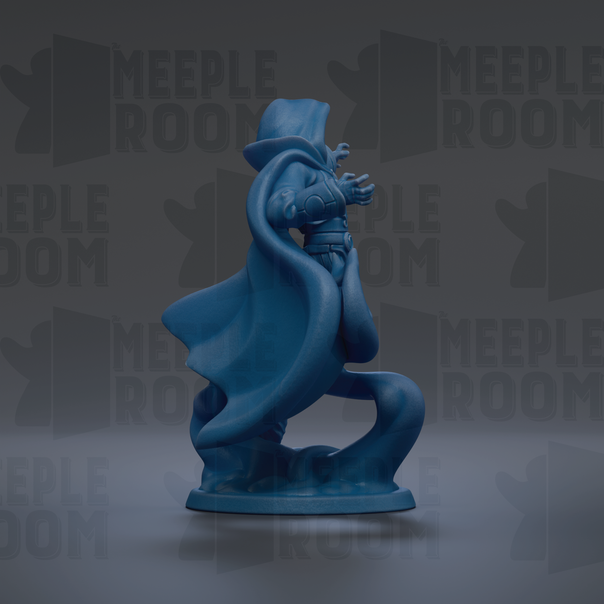 A blue figurine of a person with a hooded cloak, standing on a base and facing to the right.