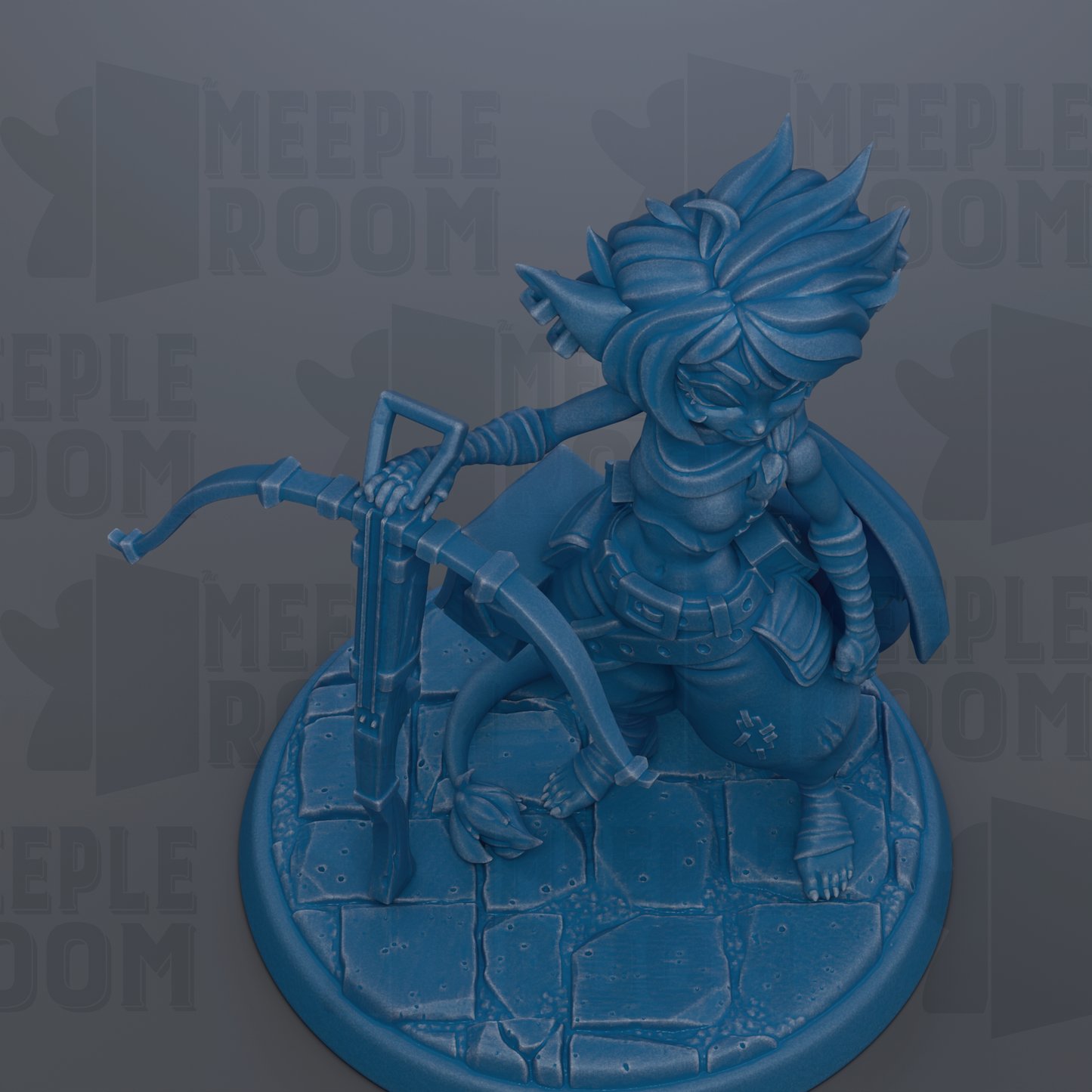 A blue figurine of a character with a pointed hat and sword, standing on a stone base.