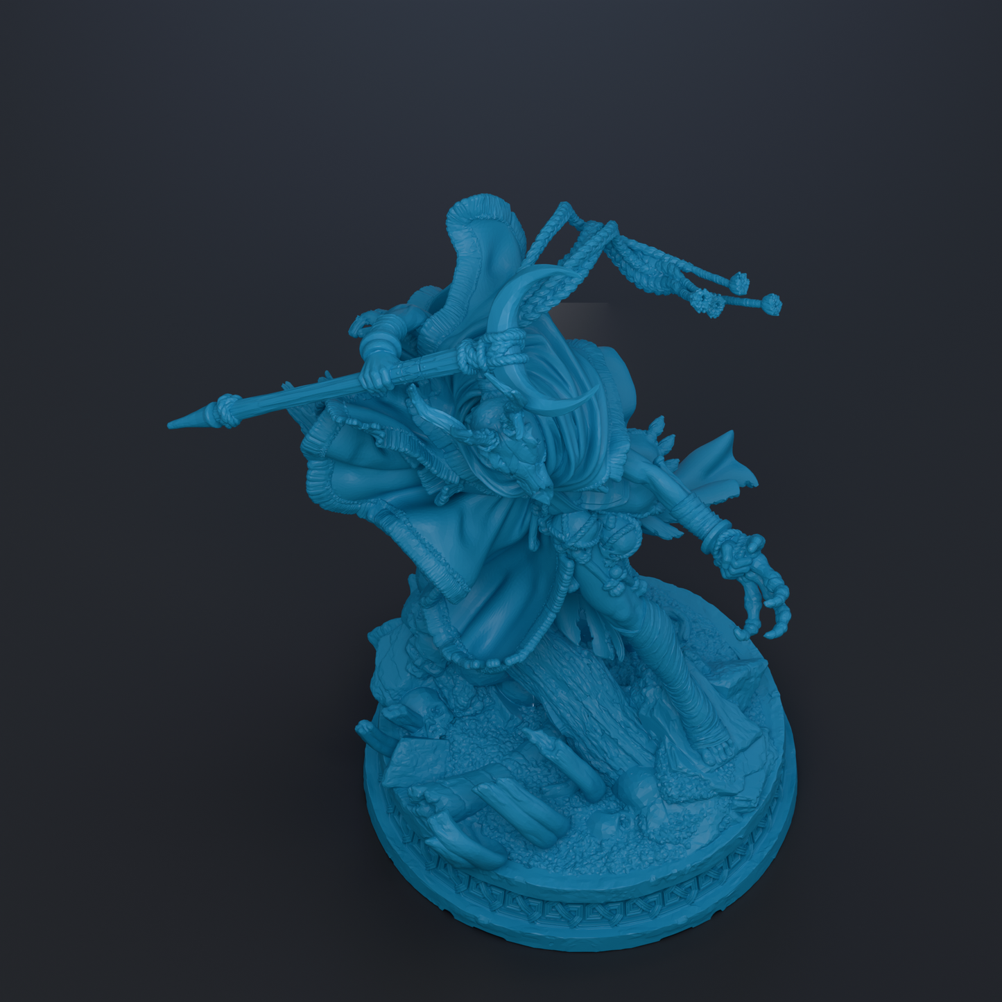A blue 3D model of a fantastical creature, possibly a dragon or serpent, with intricate details and a dynamic pose.