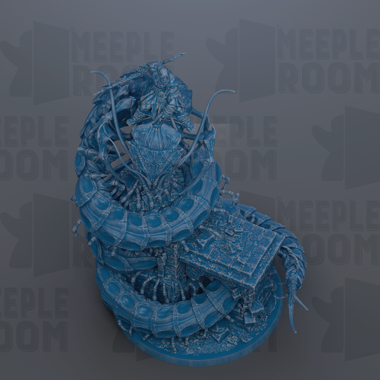 A detailed 3D rendering of a fantastical creature, possibly a dragon or serpent, with intricate patterns and textures. The creature appears to be a mix of organic and mechanical elements, creating a visually striking and imaginative scene.