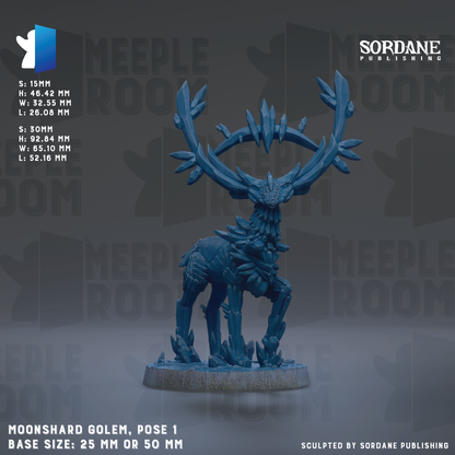 a blue figurine of a deer-like creature with antlers, standing on a base. The figurine is described as a "Moonshard Golem" and has a base size of either 25mm or 50mm. The background of the image is a dark gray color, and the text "SORDANE PUBLISHING" is visible.