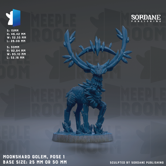 a blue figurine of a deer-like creature with antlers, standing on a base. The figurine is described as a "Moonshard Golem" and has a base size of either 25mm or 50mm. The background of the image is a dark gray color, and the text "SORDANE PUBLISHING" is visible.