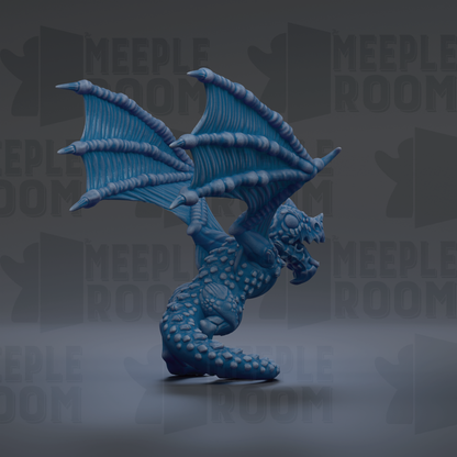 A blue dragon-like creature with sharp teeth and claws is depicted in the center of the image, standing on its hind legs with its wings spread wide.
