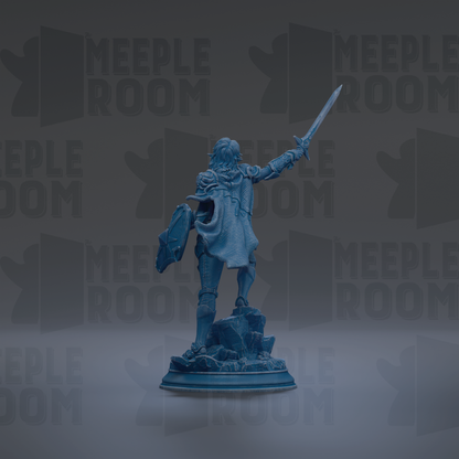 A blue statue of a person holding a shield and sword stands on a rock formation against a dark background with repeated "MEIPLLE ROOM" text.