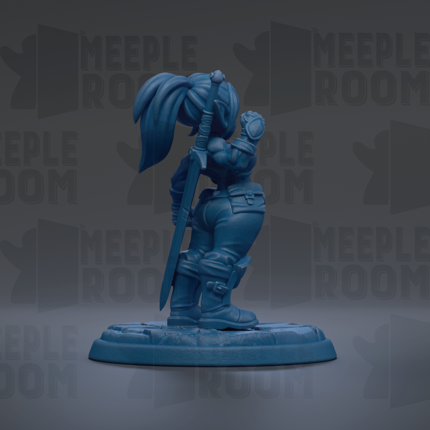 A blue figurine of a female character with a sword and a large headdress, standing on a base.