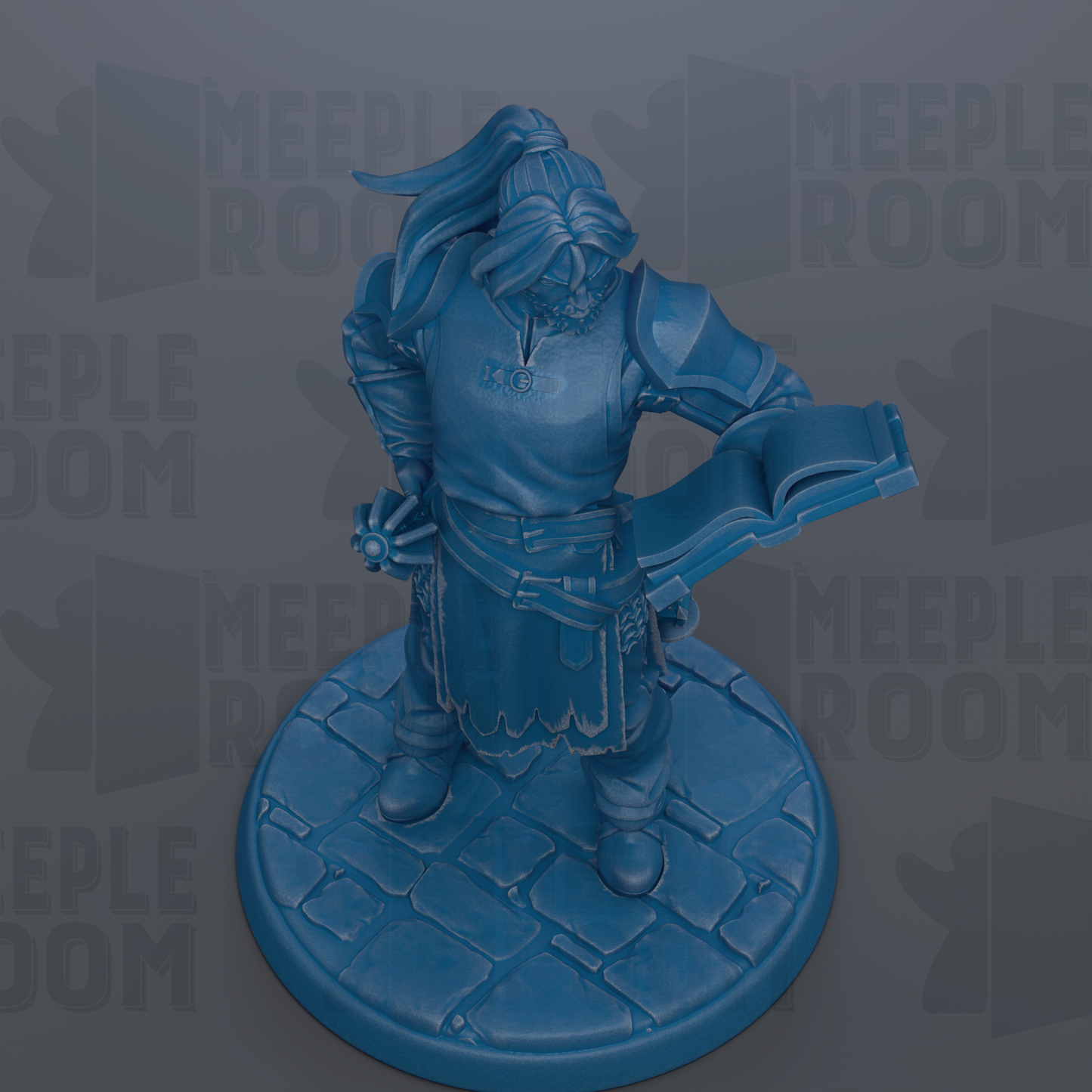 A blue figurine of a person holding a book and standing on a stone base.