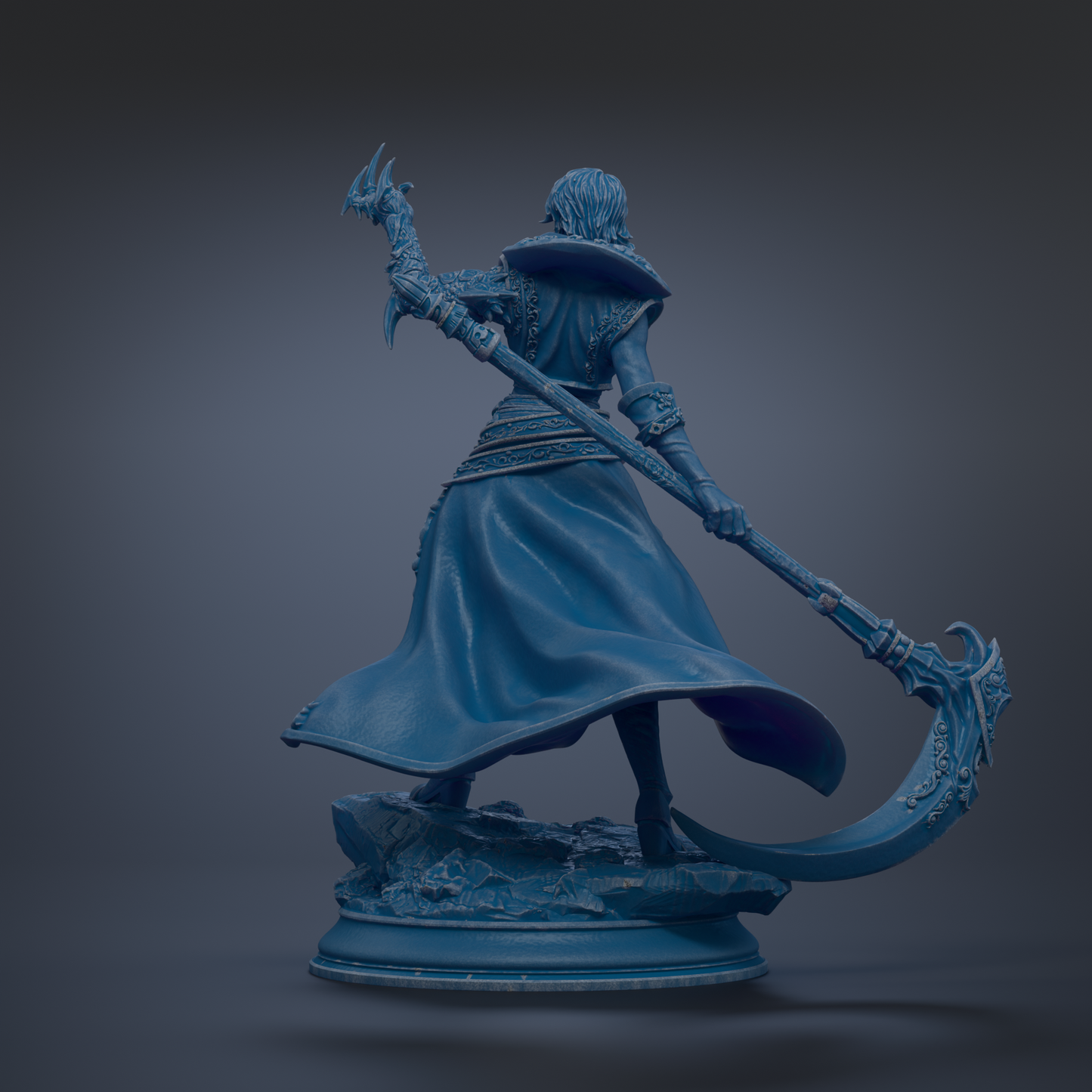 A 3D rendering of a female warrior figure in a flowing blue dress, wielding a large weapon and standing on a rocky platform.