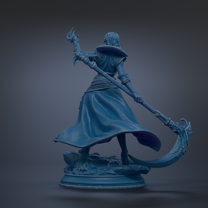 A 3D rendering of a female warrior figure in a flowing blue dress, wielding a large weapon and standing on a rocky platform.