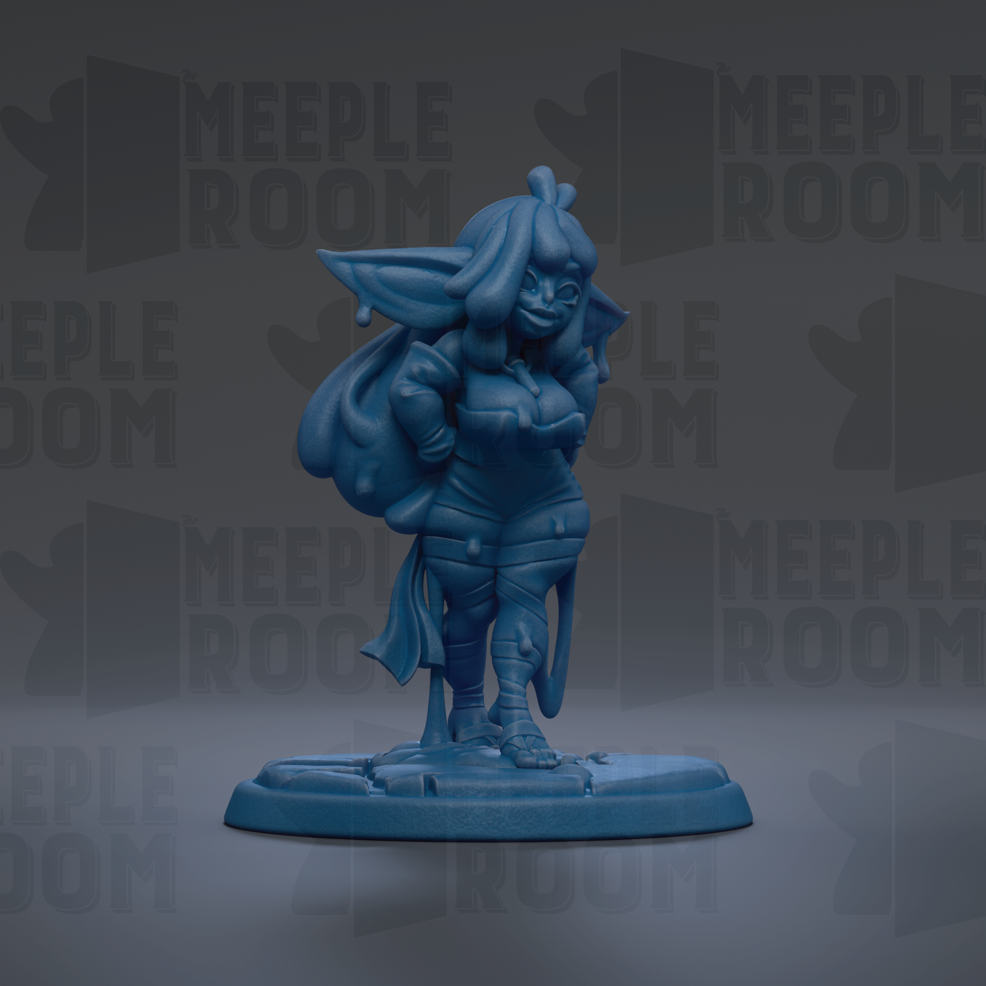 A blue figurine of a female character with a large head and long hair, standing on a base and holding a weapon.