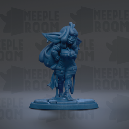 A blue figurine of a female character with a large head and long hair, standing on a base and holding a weapon.