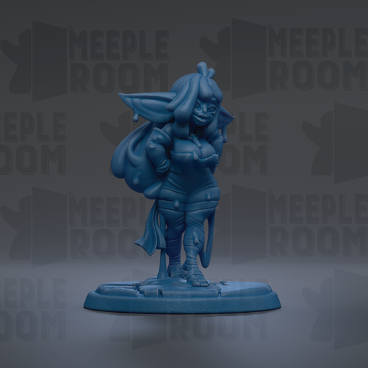 A blue figurine of a female character with a large head and long hair, standing on a base and holding a weapon.