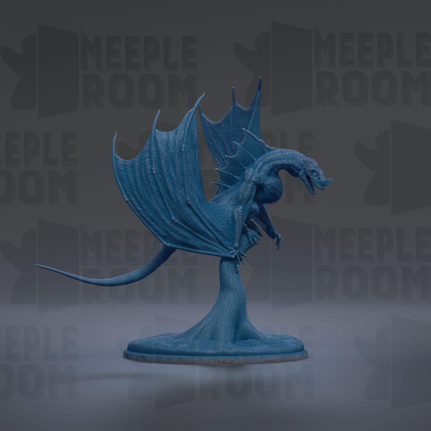 A blue dragon figurine is displayed against a dark background with repeated text.