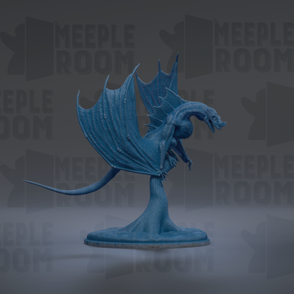A blue dragon figurine is displayed against a dark background with repeated text.