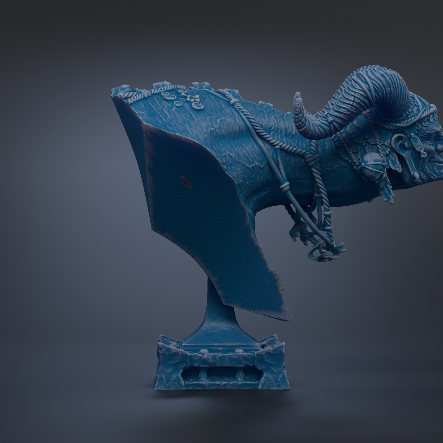 A 3D rendering of a blue, sculpted statue of a ram or ram-like creature, with intricate details and a textured surface.
