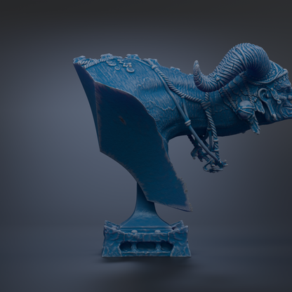 A 3D rendering of a blue, sculpted statue of a ram or ram-like creature, with intricate details and a textured surface.