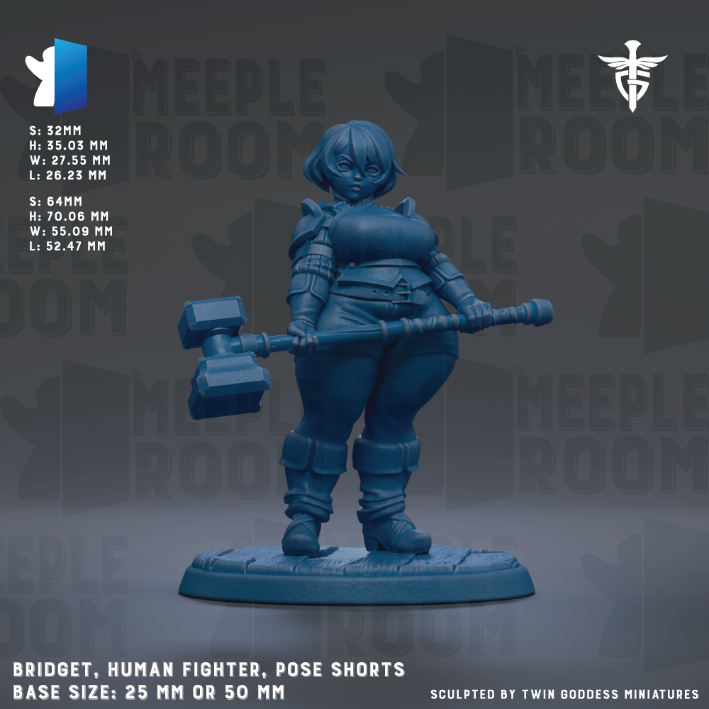 A figurine of a human fighter, wearing short pants and holding a hammer, is shown in a pose. The figurine is described as a "Bridget, Human Fighter, Pose Shorts" and is shown in a base size of 25mm or 50mm. The image is described as a "collage of multiple images" and is "sculpted by Twin Goddesses miniatures".