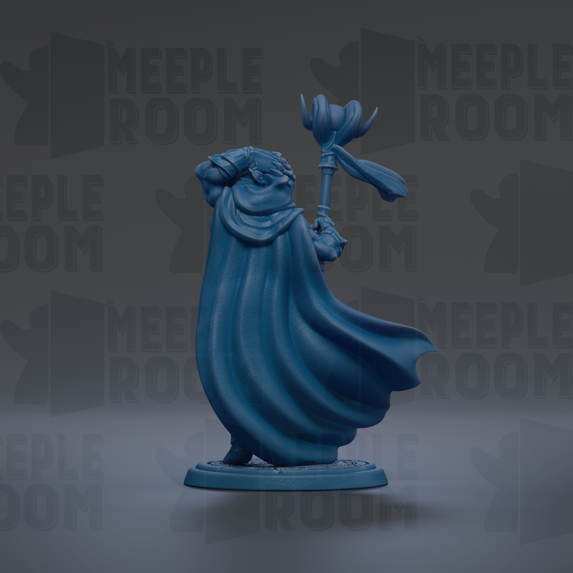 A blue figurine of a person holding a staff and a staff-like object, standing on a base.