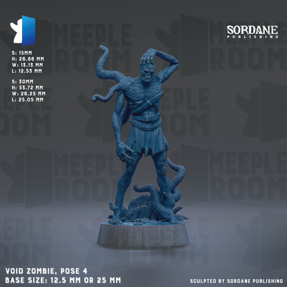 The image is a statue of a zombie-like creature with multiple arms, standing on a base. The statue is described as a " Void Zombie, pose 4" and is shown in various sizes, including "5:15mm", "H:56.68 mm", "L:12.13 mm", "W:26.55 mm", "L:25.05 mm". The background of the image is a repeating pattern of the word "MEUPLEROOM".