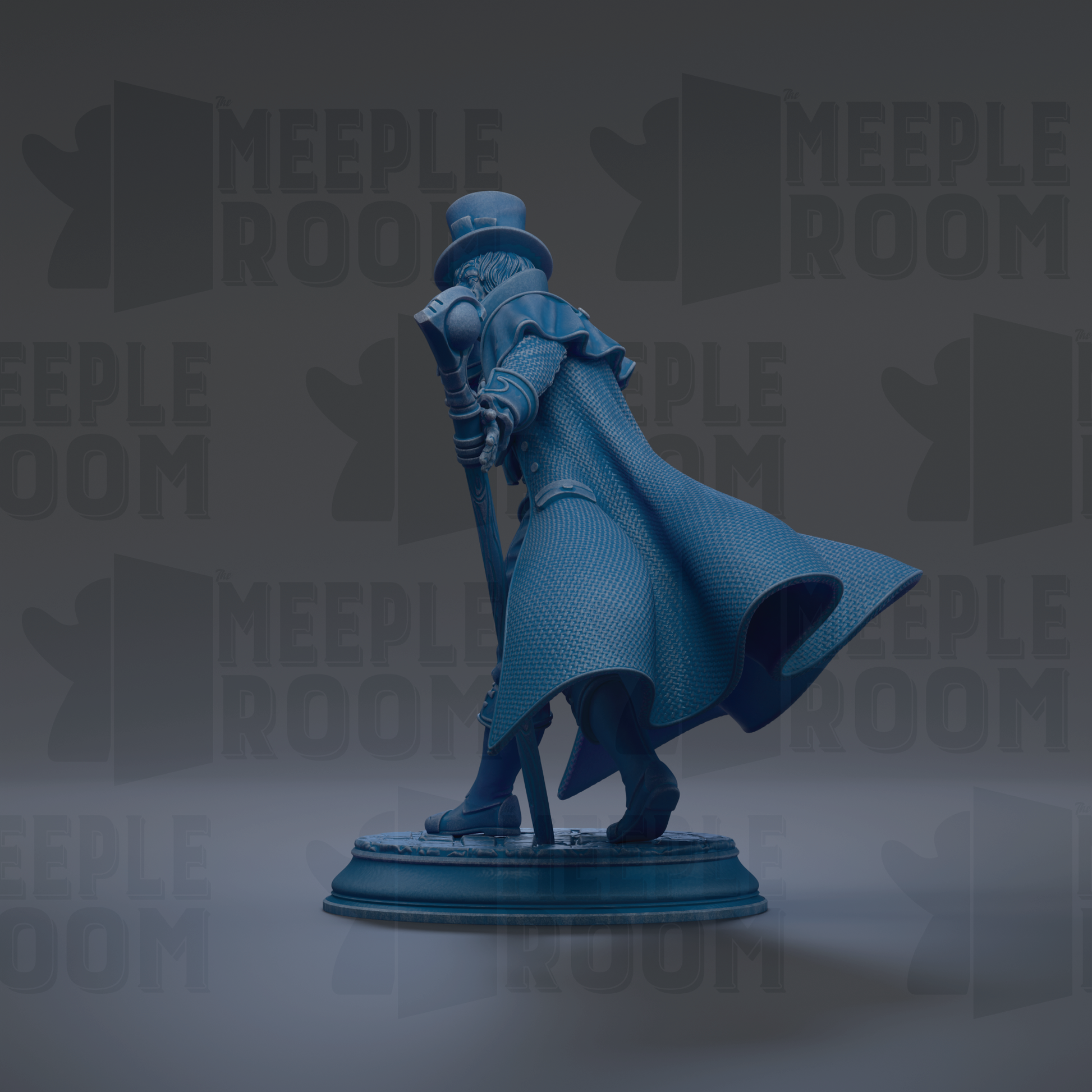 A blue statue of a person wearing a top hat and coat, standing on a pedestal and holding a cane.