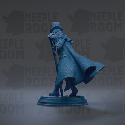 A blue statue of a person wearing a top hat and coat, standing on a pedestal and holding a cane.