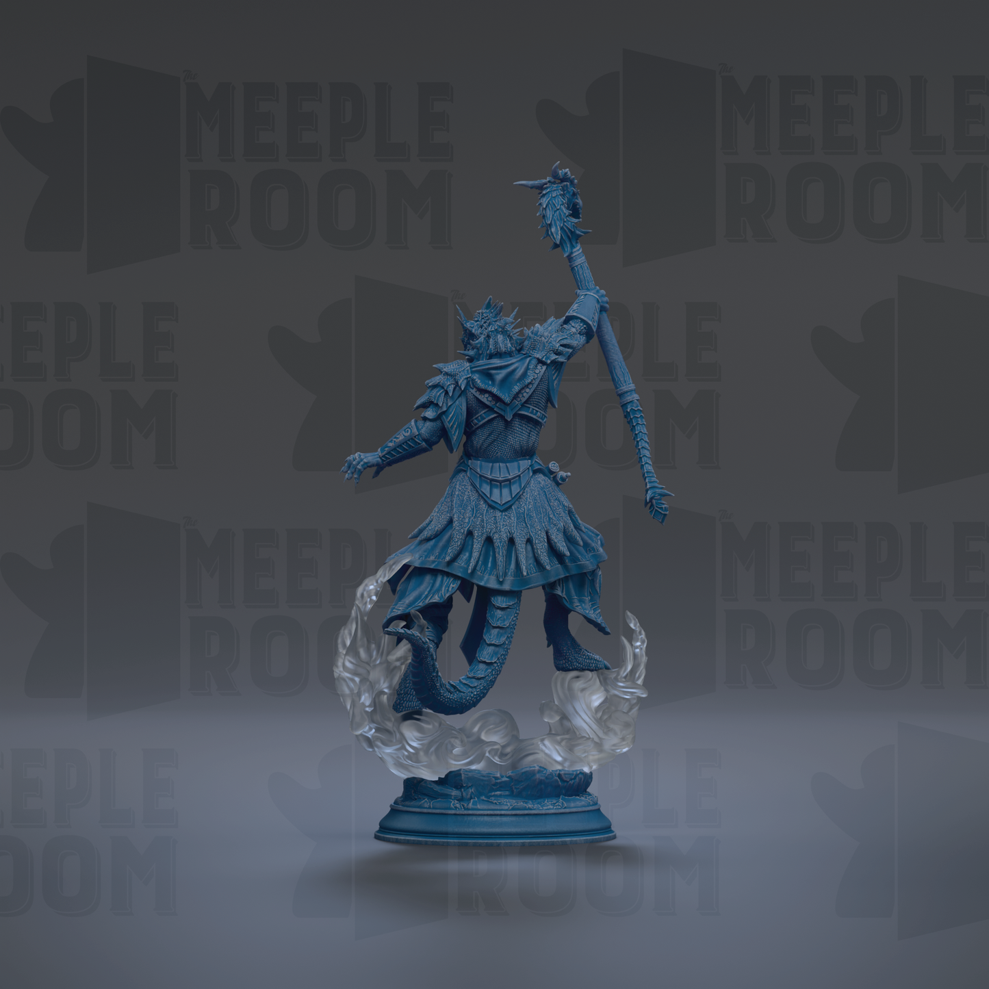 A blue statue of a figure with a staff and flowing robes stands against a dark background with repeated text.