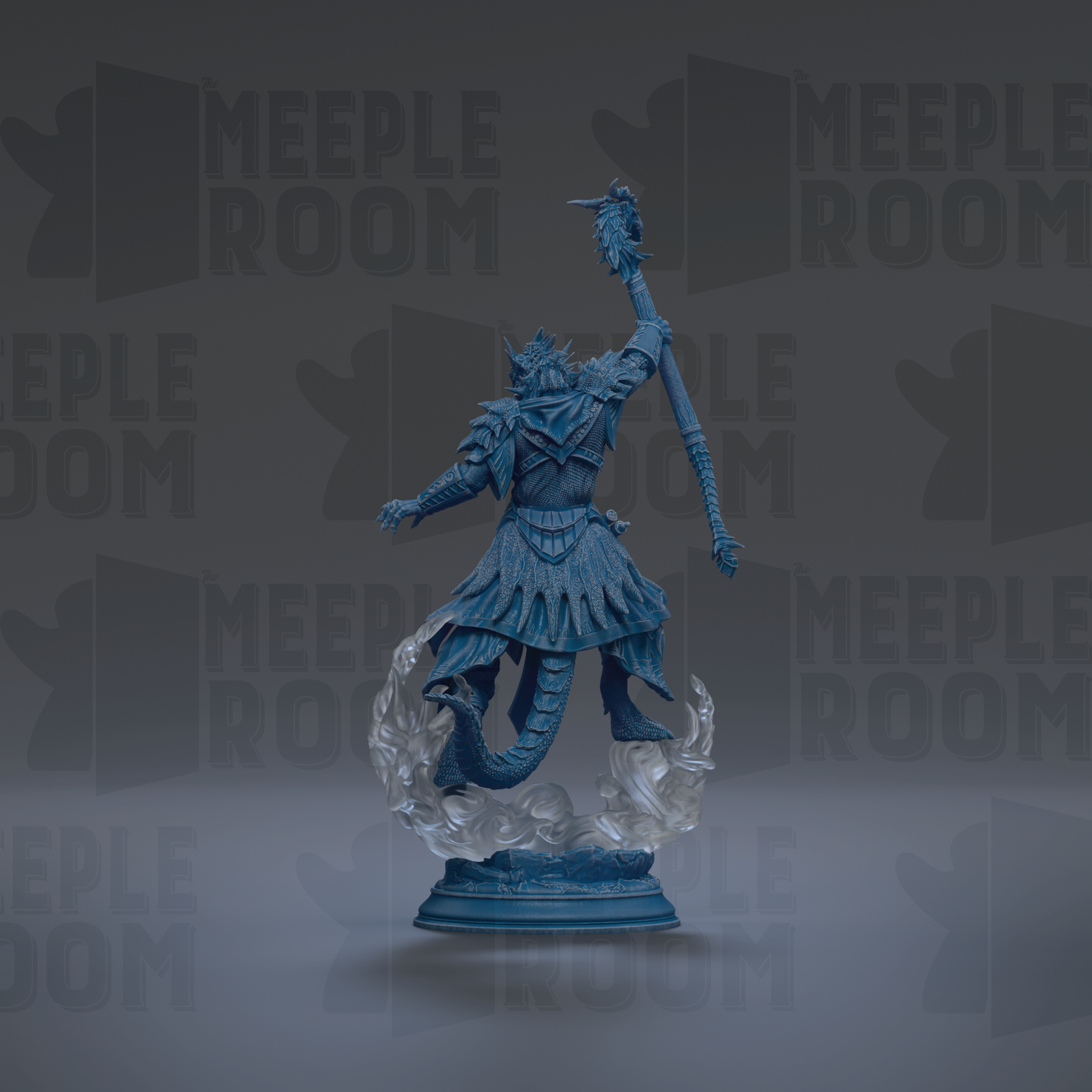 A blue statue of a figure with a staff and flowing robes stands against a dark background with repeated text.