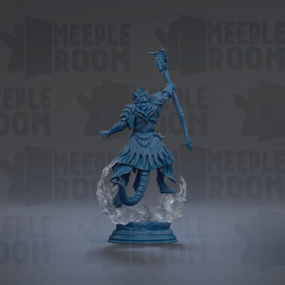 A blue statue of a figure with a staff and flowing robes stands against a dark background with repeated text.