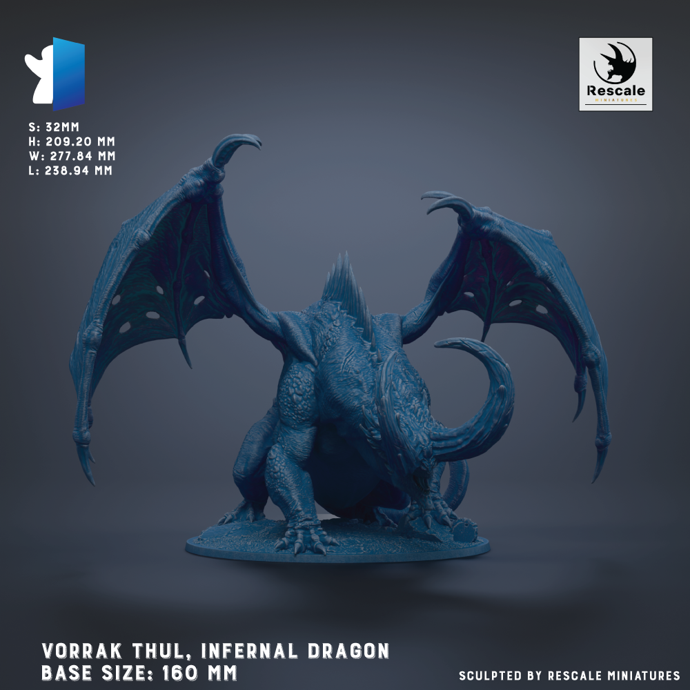a blue, winged dragon figurine with a fierce expression, standing on a base. The dragon is described as a "Vorrak Thul, Infernal Dragon" and is shown in a base size of 160 mm. The image is a sculpture by Rescue miniatures.