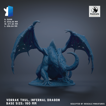 a blue, winged dragon figurine with a fierce expression, standing on a base. The dragon is described as a "Vorrak Thul, Infernal Dragon" and is shown in a base size of 160 mm. The image is a sculpture by Rescue miniatures.