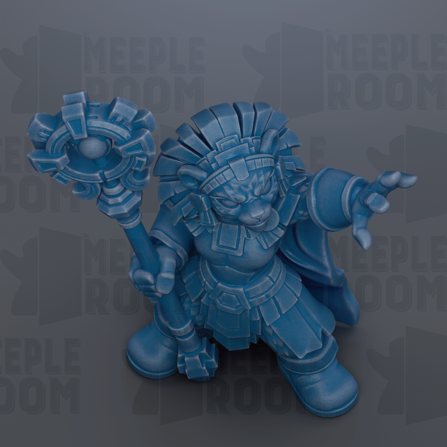 A blue, 3D-rendered fantasy character with a large staff and intricate armor, standing against a dark background with repeated text.