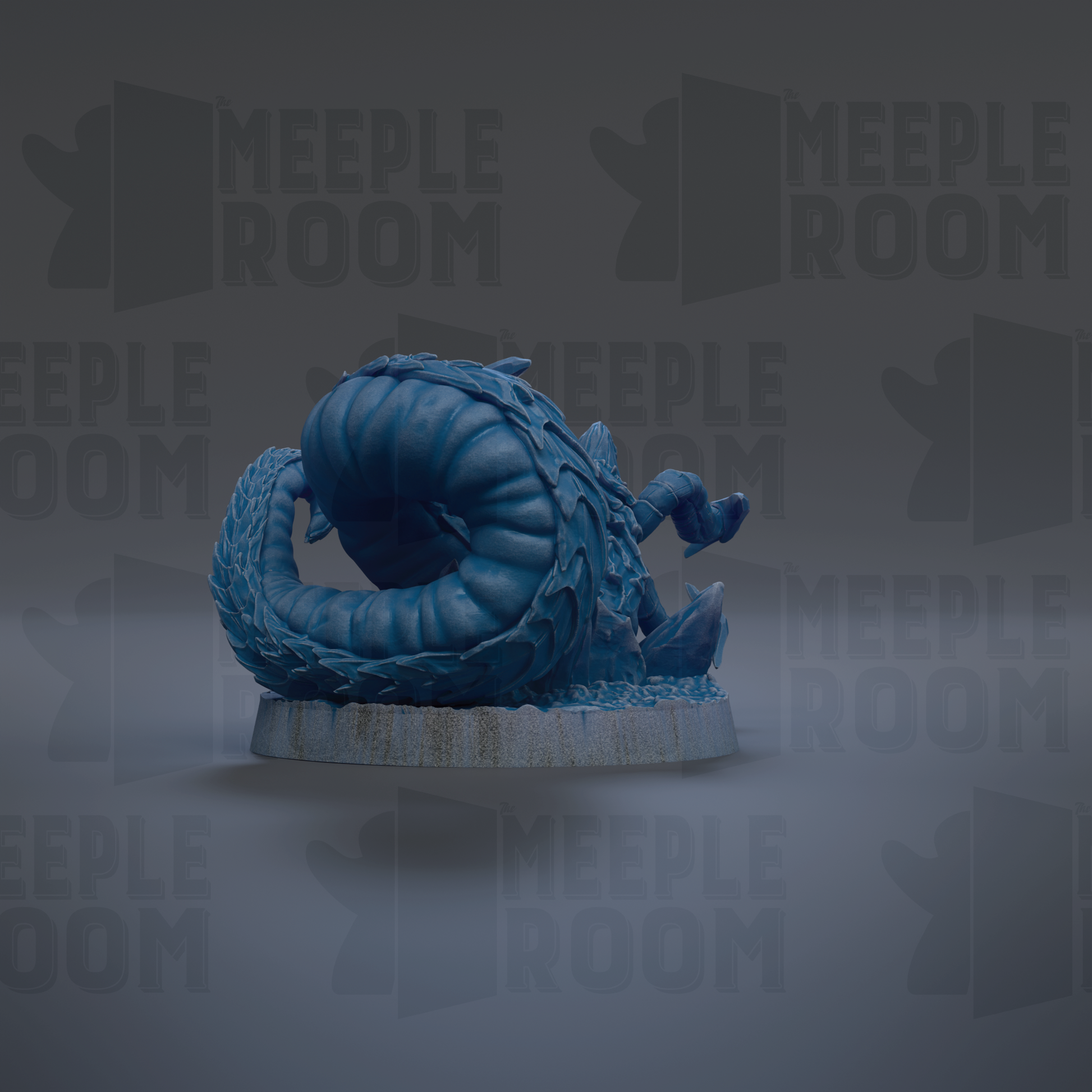 A blue, curled-up figurine is displayed against a dark background with repeated "MEUPLE ROOM" text.