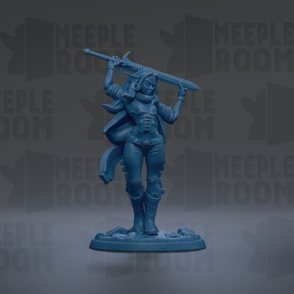 A blue figurine of a female character holding a sword, standing on a base.