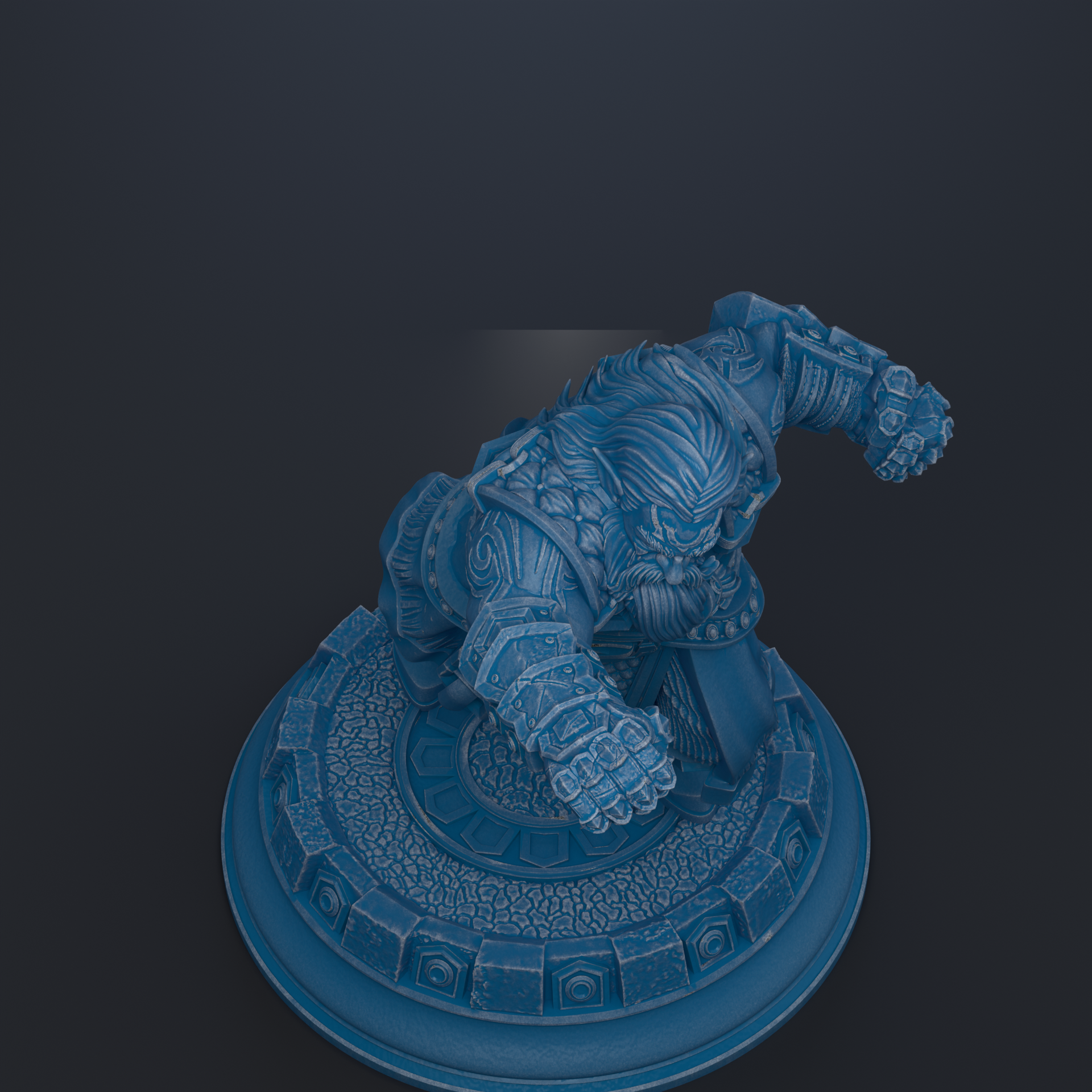 A blue, 3D-rendered statue of a warrior figure with a beard and armor, standing on a circular base.
