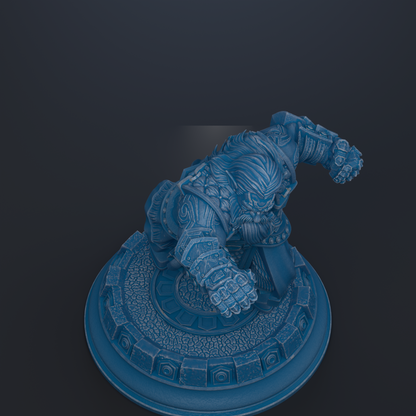 A blue, 3D-rendered statue of a warrior figure with a beard and armor, standing on a circular base.